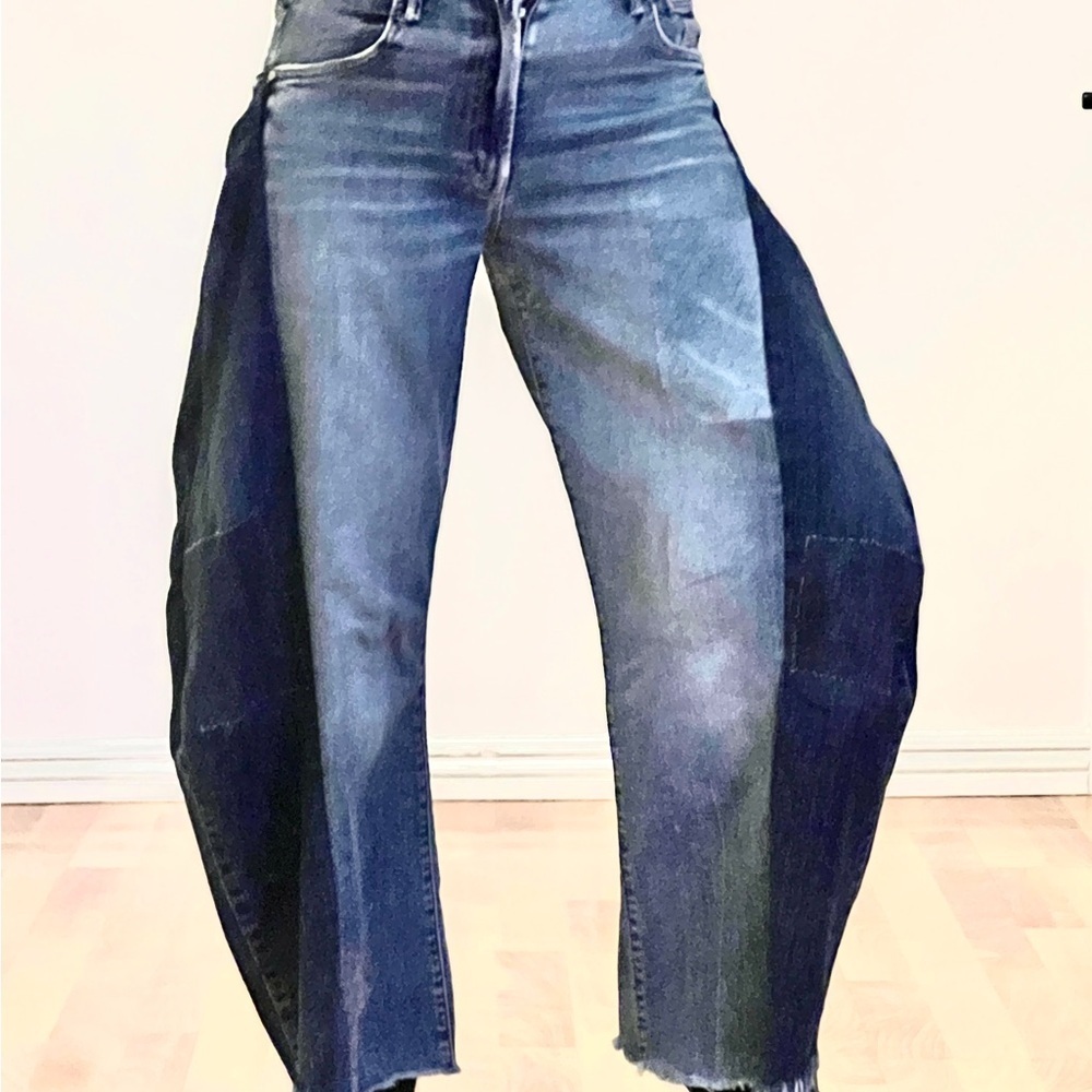 Upcycled Reworked MOTHER Superior 2 Tone Denim Barrels w Bronze Details sz 27 - Picture 4 of 17